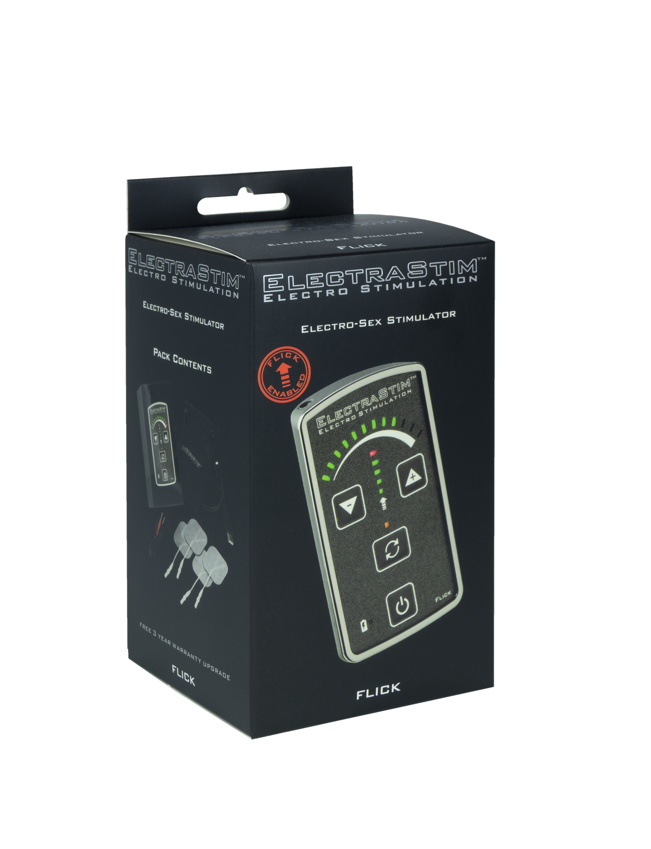 Electrostim packaging for Flick electro sex stimulator on a white background