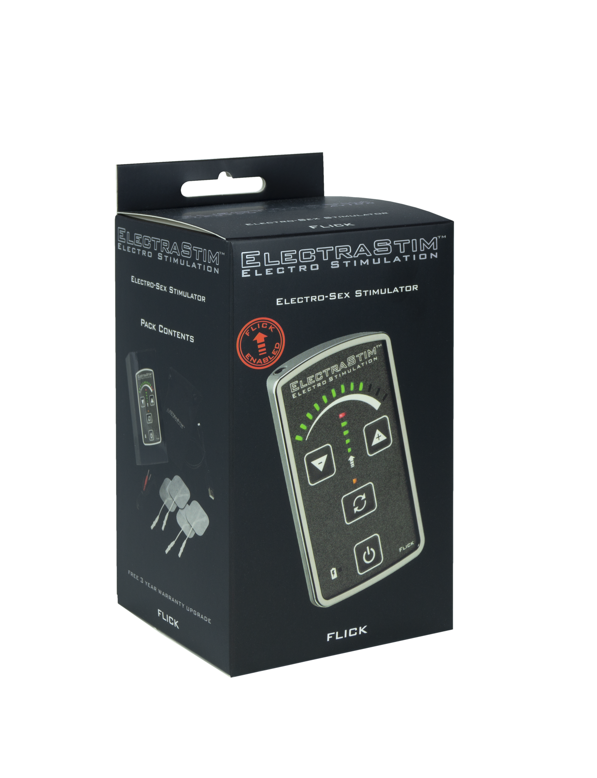 Electrostim packaging for Flick electro sex stimulator on a white background