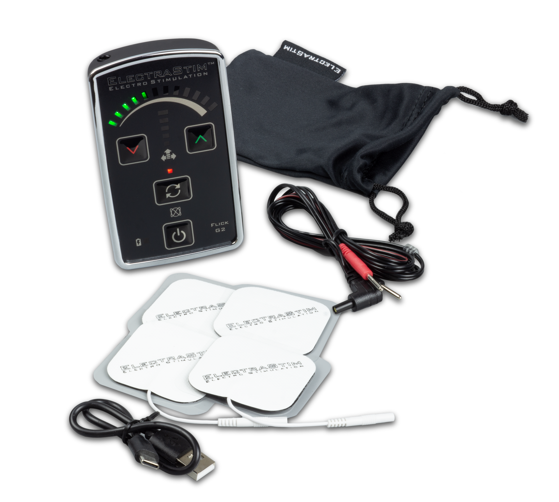 ElectraStim Electro Stimulator with pads and cables on a white background