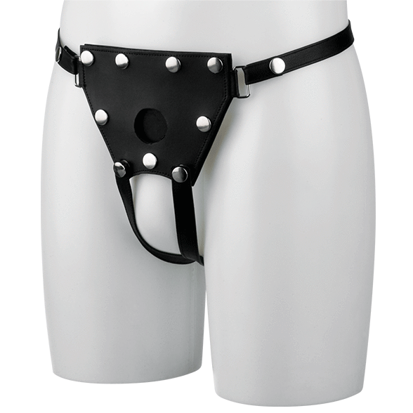 Unisex Crotchless Leather Strap-On Harness - S/M-Electro Strap On Dildos electro sex - estim USA- ElectraStim